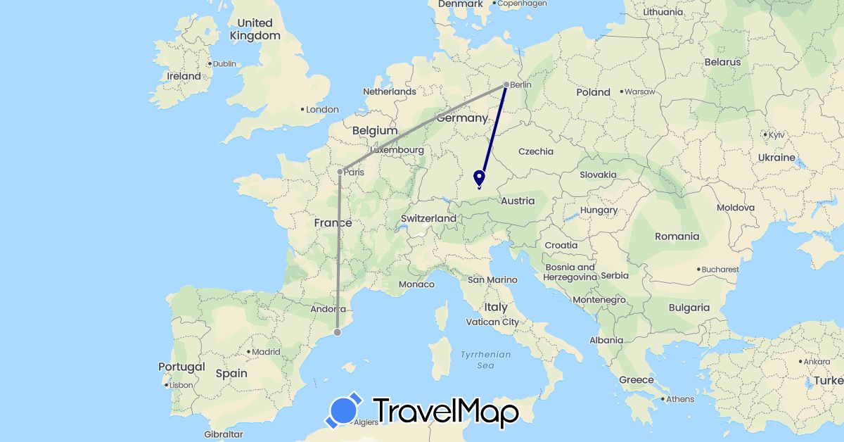 TravelMap itinerary: driving, plane in Germany, Spain, France (Europe)